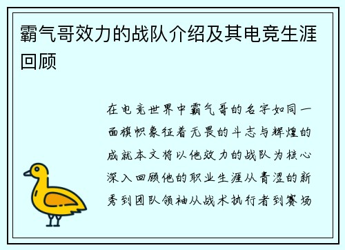 霸气哥效力的战队介绍及其电竞生涯回顾